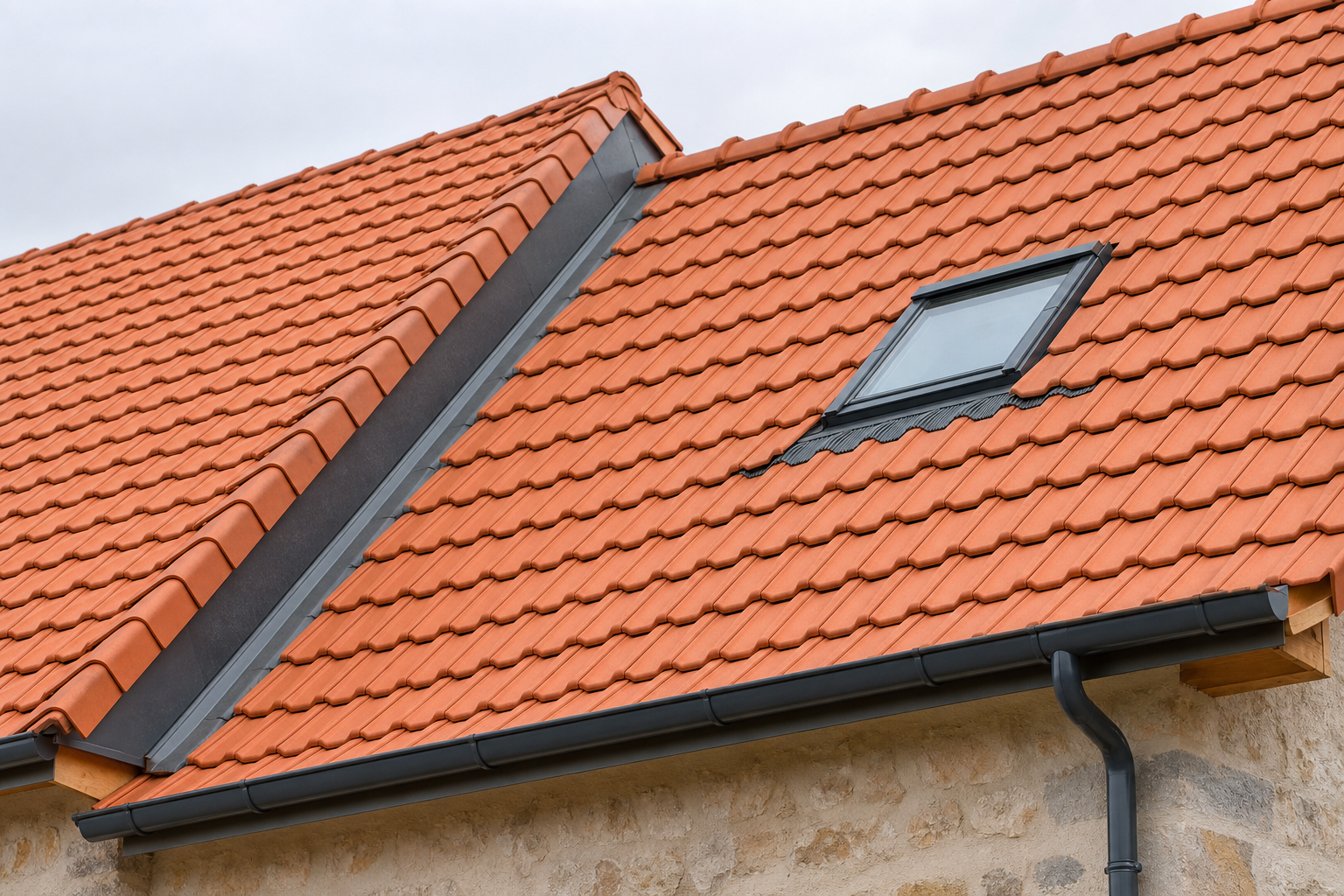 Toiture en tuiles avec fenêtre de toit et gouttière neuve